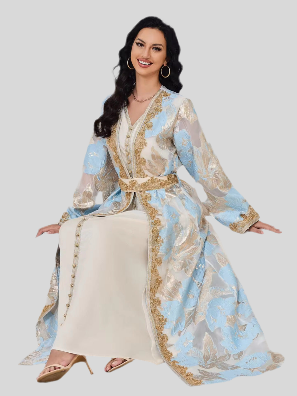 Festliche Abaya in Beige mit Perlen bestickt