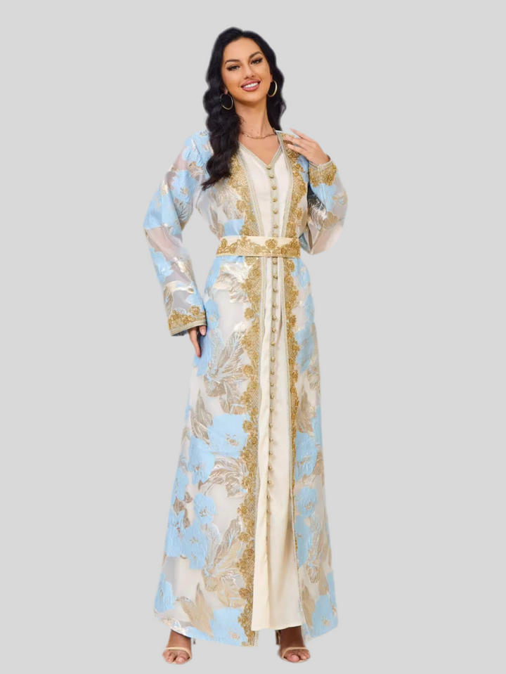 Festliche Abaya in Beige mit Perlen bestickt