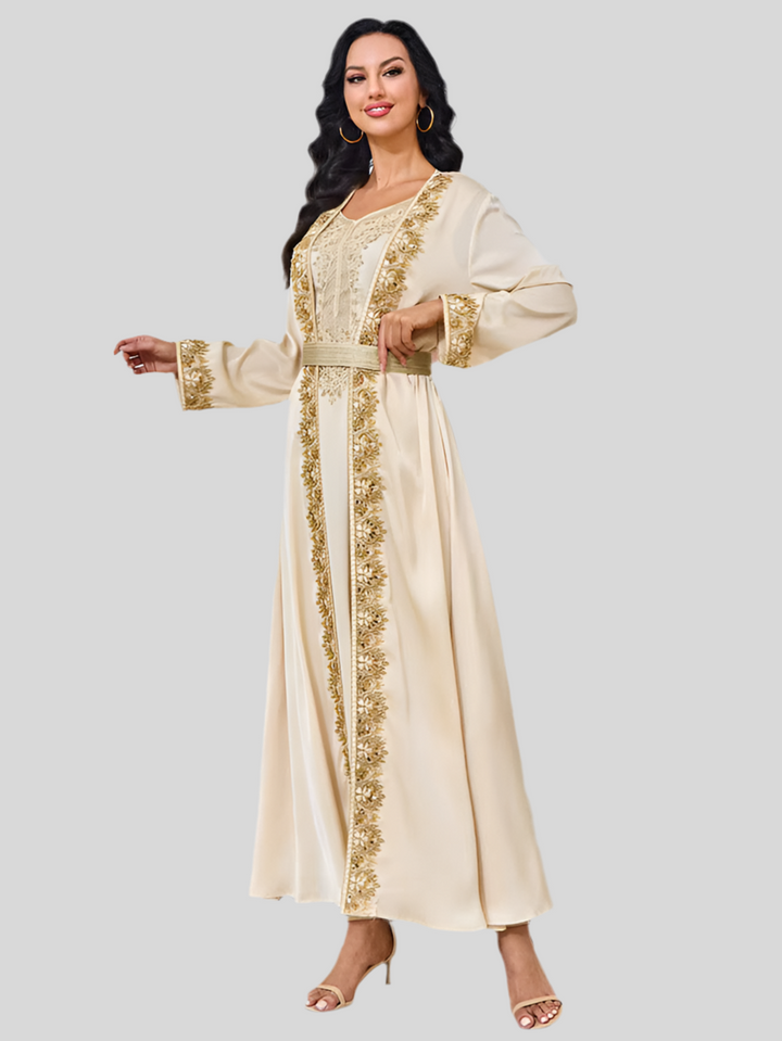 Festliche Abaya in Beige mit Goldstickerei