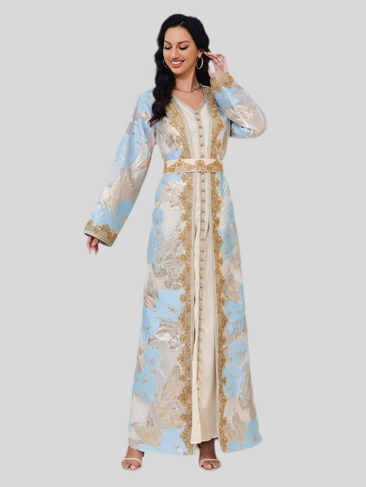 Festliche Abaya in Beige mit Perlen bestickt